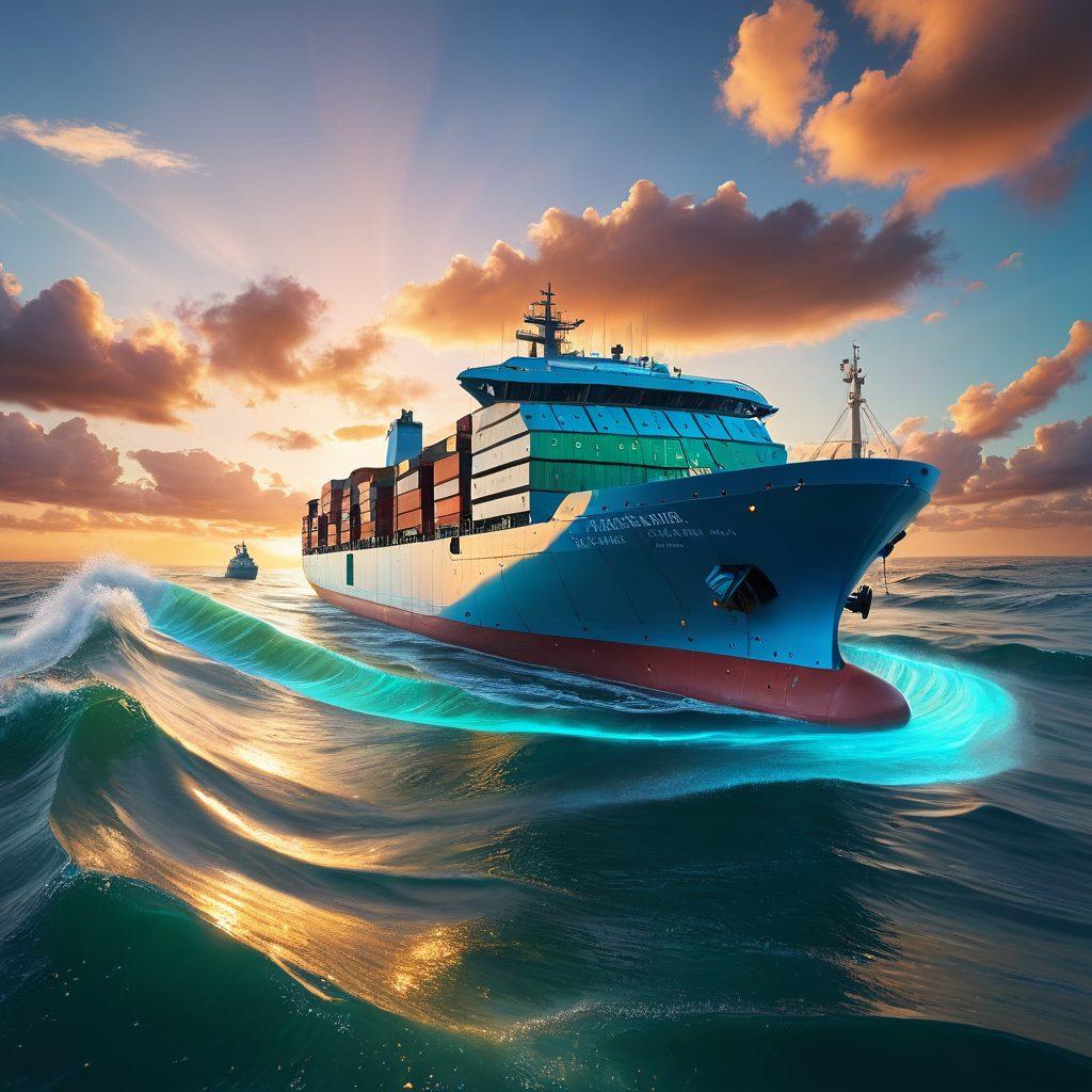 A futuristic cargo ship navigating through digital waves of data, surrounded by floating holographic interfaces displaying shipping routes and cargo statistics. The scene includes automated drones and robots managing cargo on the ship, symbolizing innovation in shipping. Bright blue and green colors to signify technology and efficiency, with a sunset in the background. super-realistic. vibrant colors.