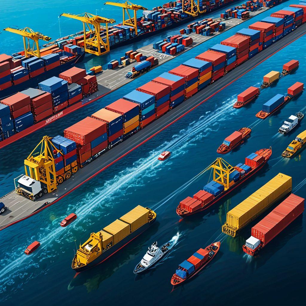 A dynamic, vibrant illustration of a diverse group of logistics professionals navigating a digital marketplace on multiple screens, surrounded by freight vehicles like trucks and cargo ships. Highlight various icons representing load requests and delivery routes floating around them, encapsulating the concept of efficient freight management. The background features a bustling port filled with containers and cranes in action, emphasizing the global reach of logistics. super-realistic. vibrant colors. 3D.