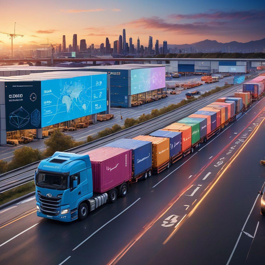 A modern logistics hub with a digital freight board showcasing various transportation routes and delivery schedules. Include diverse workers collaborating with holographic displays and AR technology to optimize freight efficiency. Illustrate cargo trucks and ships in motion, symbolizing global trade. Bright, engaging colors to emphasize innovation and efficiency. super-realistic. vibrant colors. 3D.